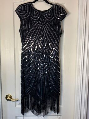 Art Deco Flapper Dress Black Sequin Beaded Fringe Gatsby Cabaret Style Size L